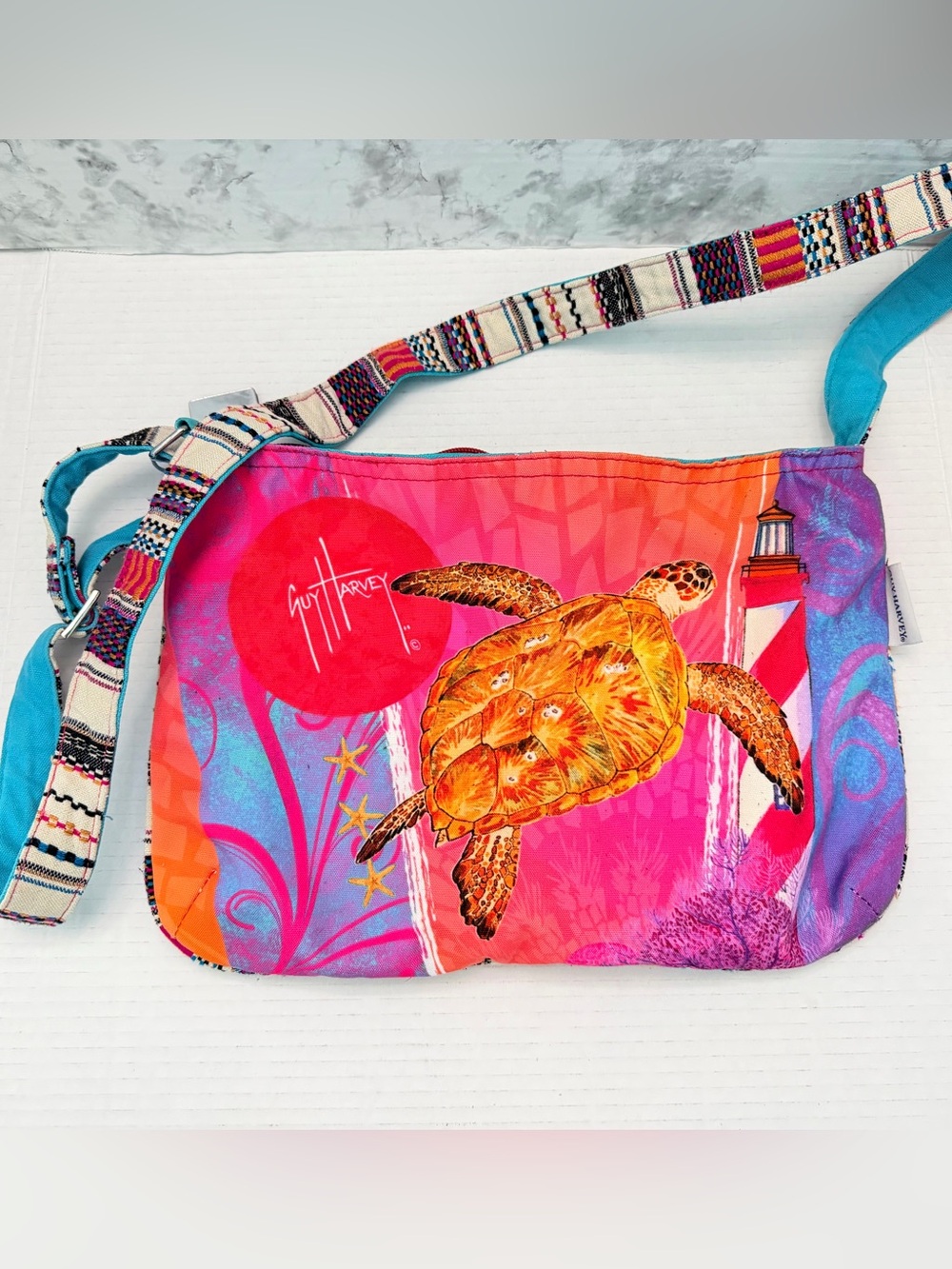Guy Harvey Pink Orange Sea Turtle Crossbody Bag with Woven Strap